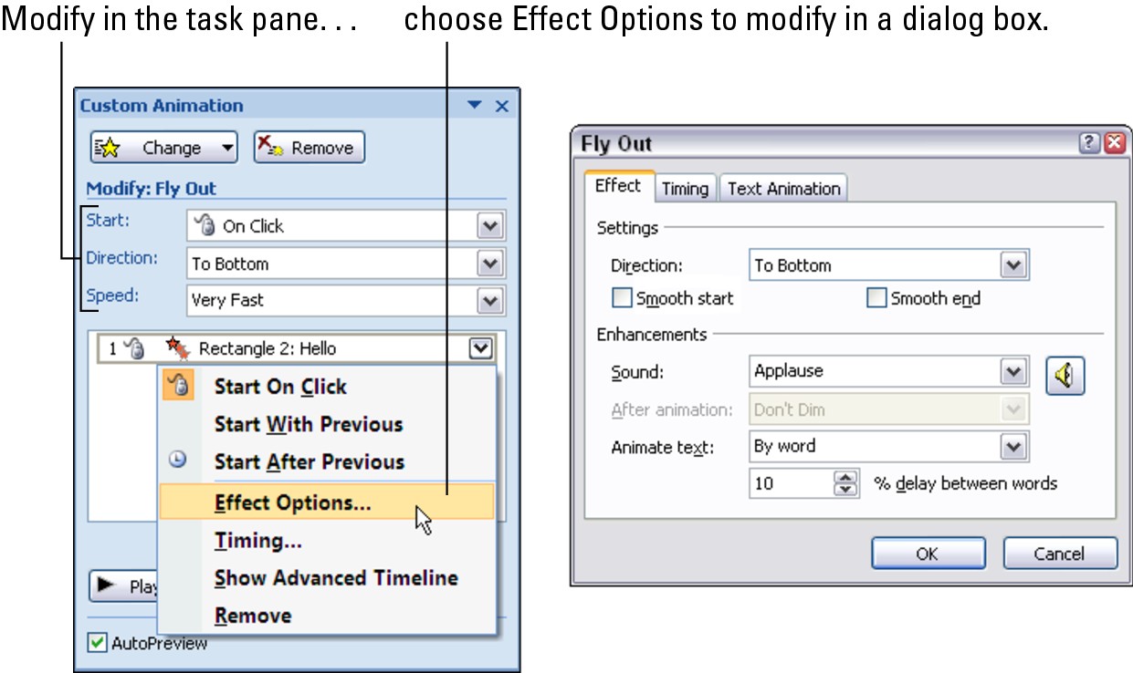 Figure 1-13: The two ways to modify an animation effect.